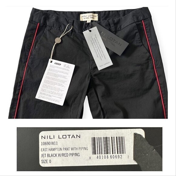 NWT Nili Lotan East Hampton Pants - Jet Black With Red Piping, Size 0 - Picture 12 of 16